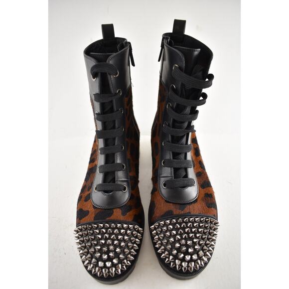 Christian Louboutin TS Croc Flat Black Leopard Pony Spike Combat Ankle Boot 38 - Picture 8 of 15